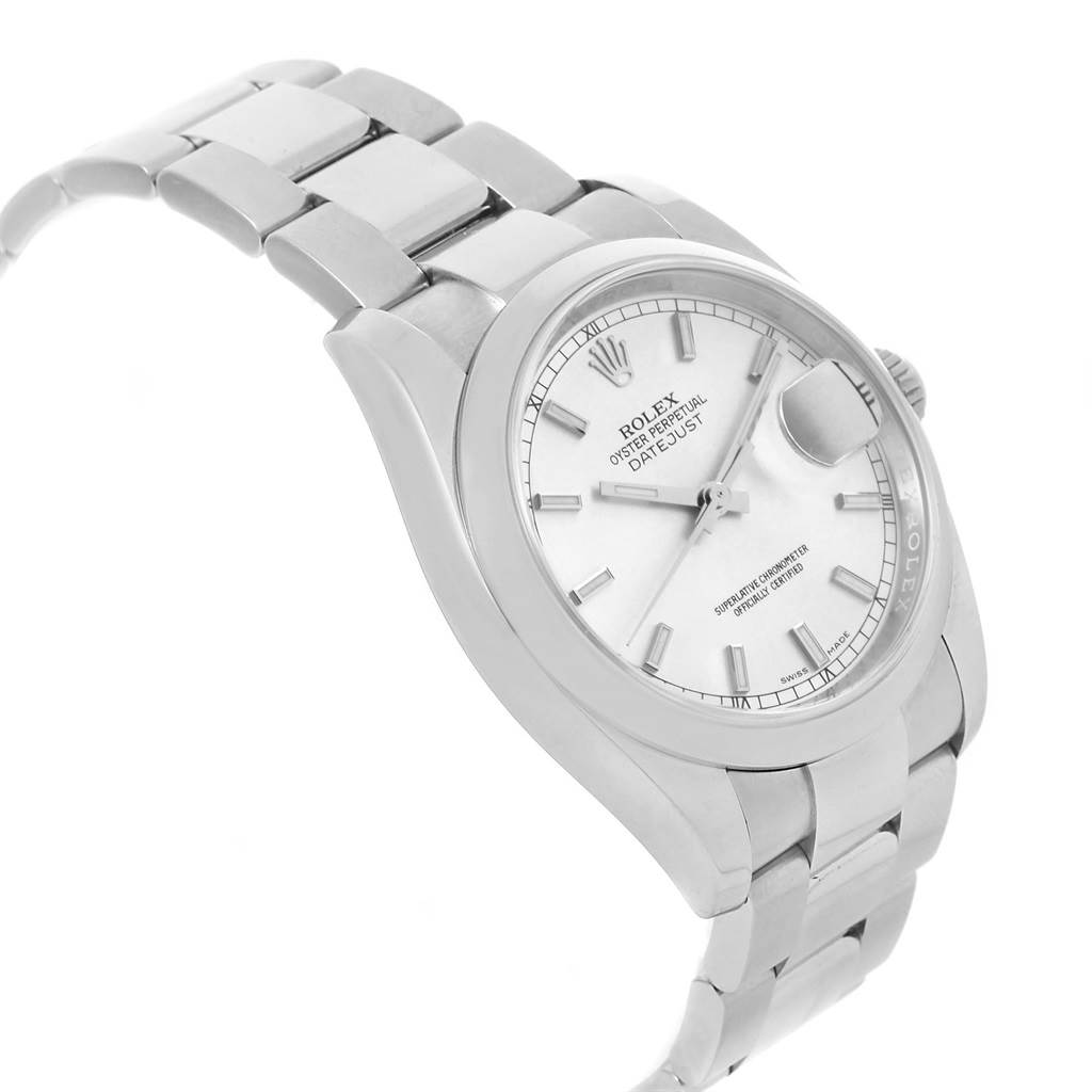 The image shows a Rolex Datejust 116200 Men's Stainless Steel Silver Dial 116200 Men's Stainless Steel Silver Dial watch at a slight side angle, displaying the bracelet, case, dial, and magnified date window.