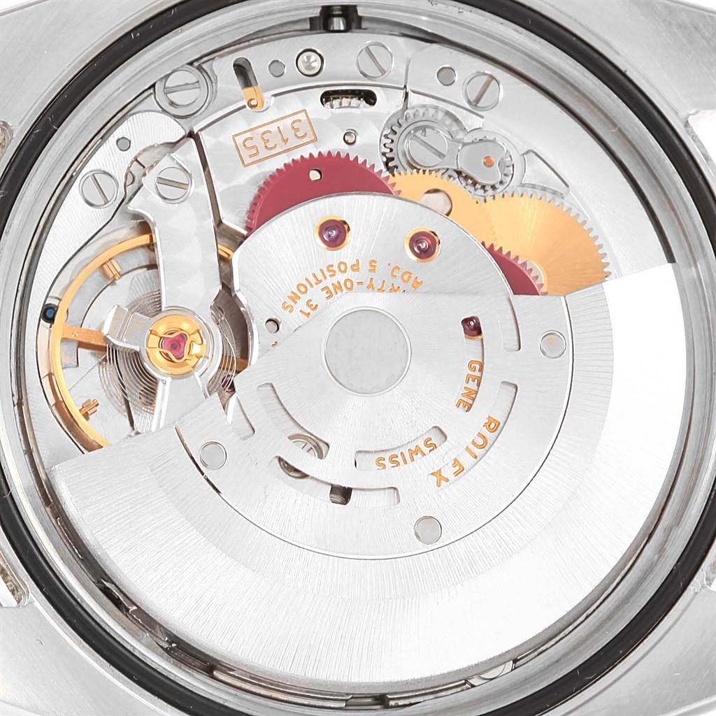 The image shows the internal mechanism of a Rolex Datejust 116200 Men's Stainless Steel Silver Dial 116200 Men's Stainless Steel Silver Dial watch from a back angle.