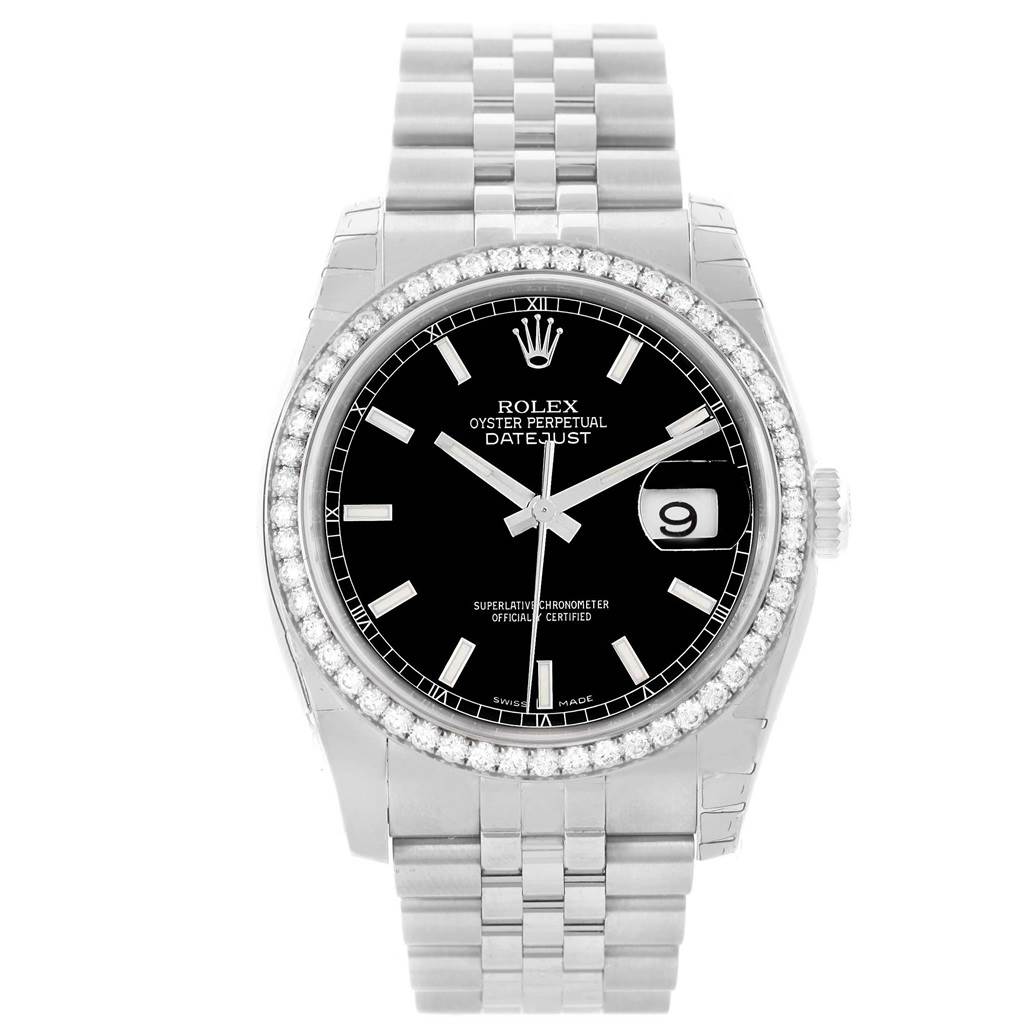 This image shows the front view of a Rolex Datejust 116244 Stainless Steel Black Dial 116244 Stainless Steel Black Dial watch, displaying the dial, bezel, and bracelet.