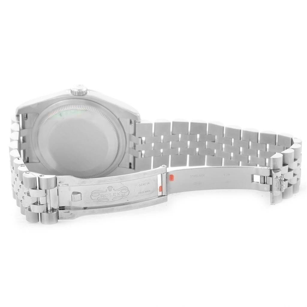 This image shows the back view and clasp of a Rolex Datejust 116244 Stainless Steel Black Dial 116244 Stainless Steel Black Dial watch, with the bracelet spread open.