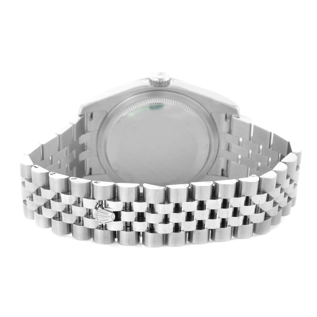 This image shows the back view of a Rolex Datejust 116244 Stainless Steel Black Dial 116244 Stainless Steel Black Dial watch, highlighting its case back and Jubilee bracelet.