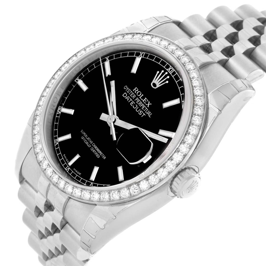 This image shows a Rolex Datejust 116244 Stainless Steel Black Dial 116244 Stainless Steel Black Dial watch at a slight angle, highlighting the black dial, bezel, and bracelet.