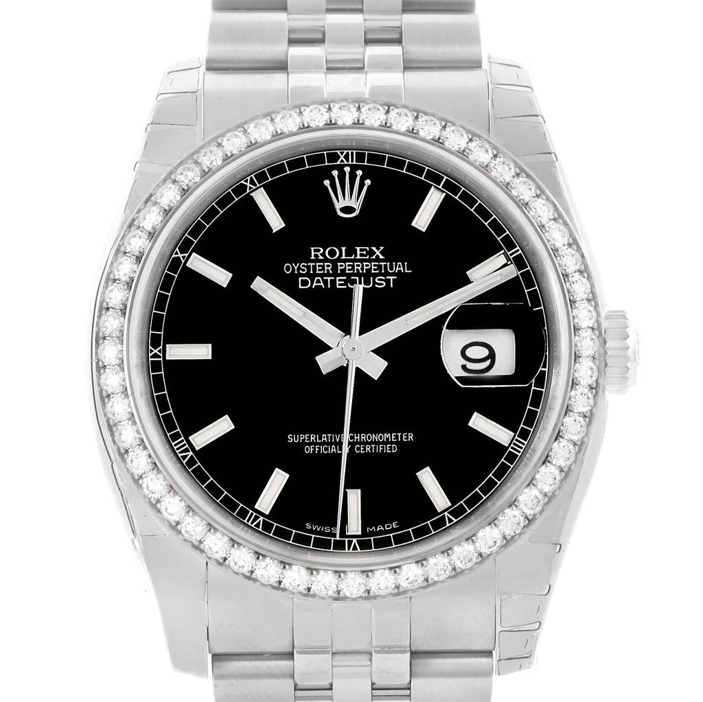 The image shows a front view of a Rolex Datejust 116244 Stainless Steel Black Dial 116244 Stainless Steel Black Dial watch featuring a black dial, diamond bezel, and jubilee bracelet.