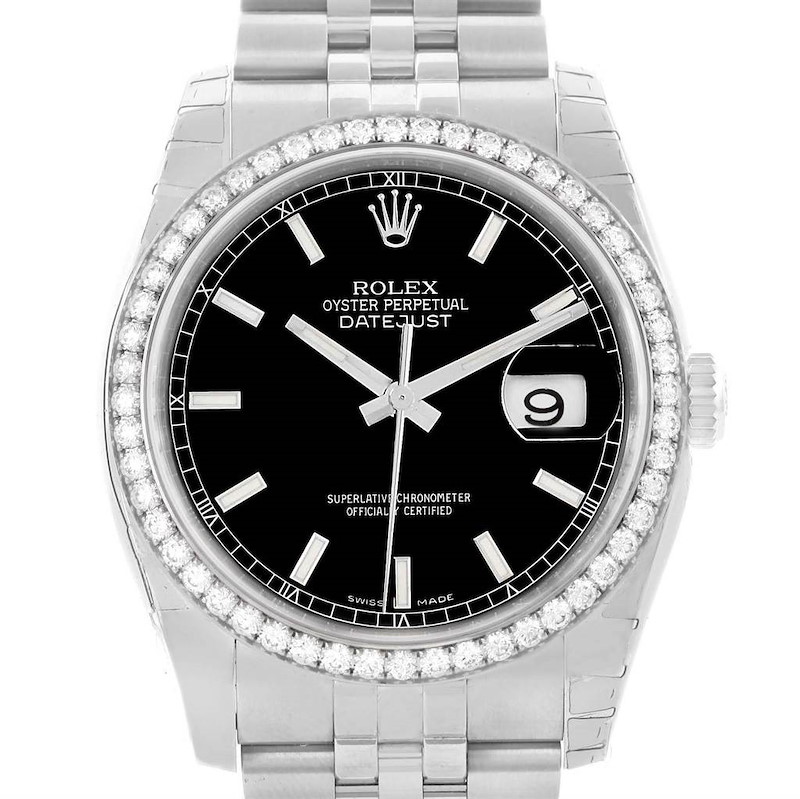 Rolex Datejust 36 Steel White Gold Black Diamond Dial Watch 116244 Unworn SwissWatchExpo