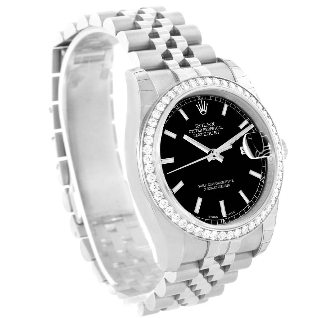 This Rolex Datejust 116244 Stainless Steel Black Dial 116244 Stainless Steel Black Dial watch is shown from a side angle, highlighting the face, bracelet, bezel, and crown.