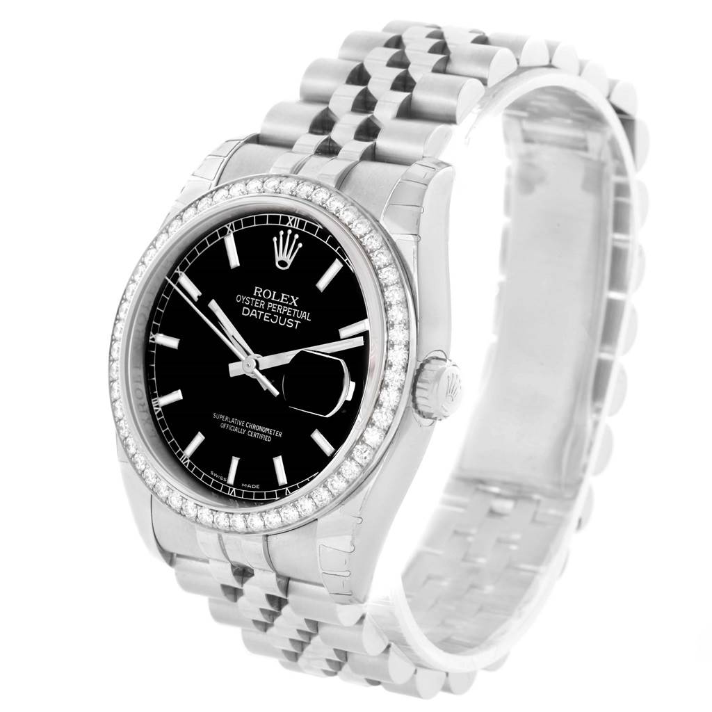 This image shows a Rolex Datejust 116244 Stainless Steel Black Dial 116244 Stainless Steel Black Dial watch from an angled side view, highlighting the bracelet, dial, bezel, crown, and case.