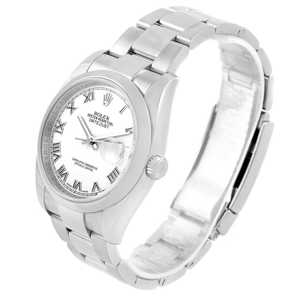 The Rolex Datejust 116200 Men's Stainless Steel White Dial 116200 Men's Stainless Steel White Dial watch is shown at a three-quarter angle, displaying the dial, bezel, crown, and bracelet.