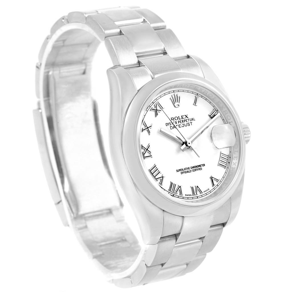 This image shows a frontal view of a Rolex Datejust 116200 Men's Stainless Steel White Dial 116200 Men's Stainless Steel White Dial watch, including the dial, bezel, and bracelet.