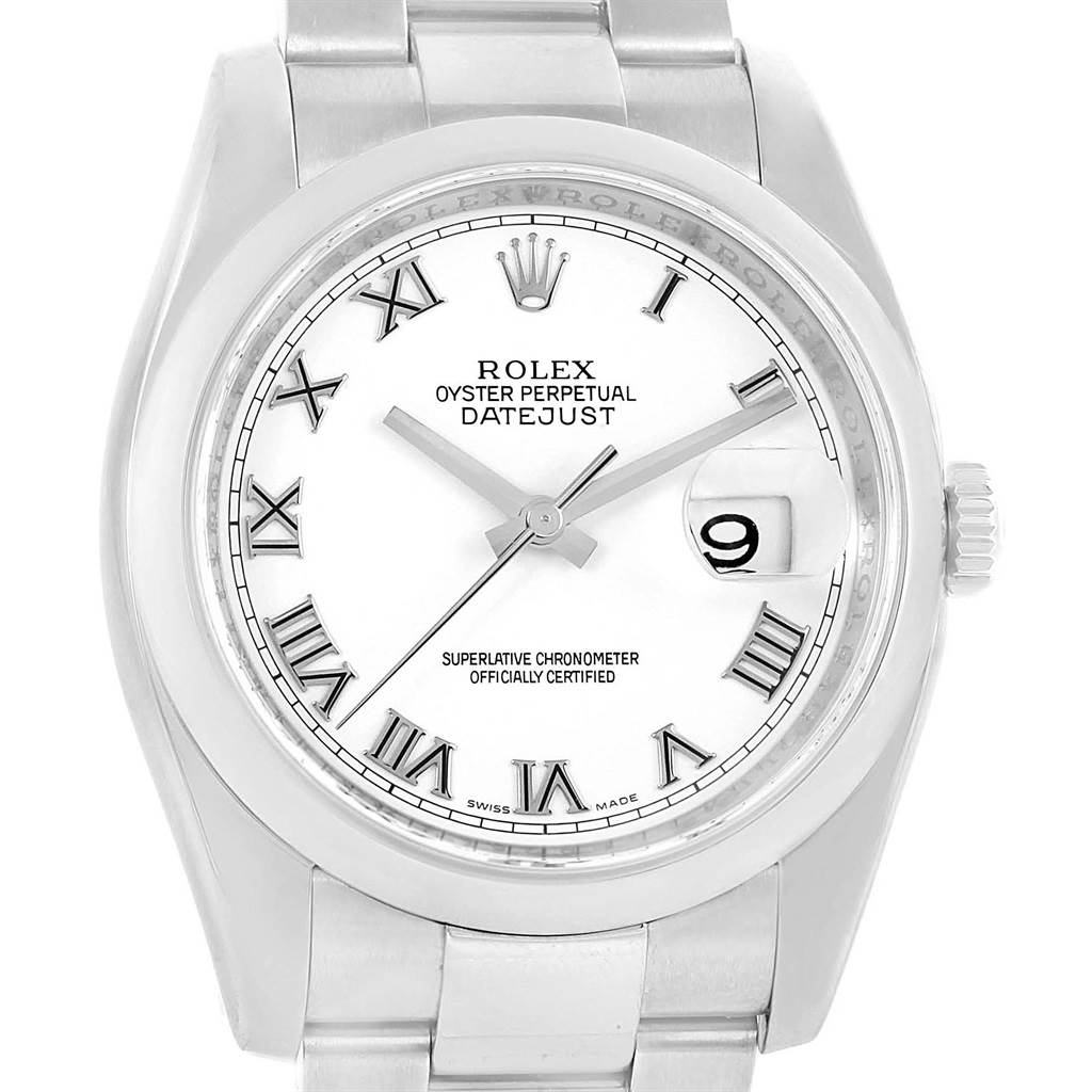 The image shows a front view of the dial, bezel, and part of the bracelet of a Rolex Datejust 116200 Men's Stainless Steel White Dial 116200 Men's Stainless Steel White Dial watch.