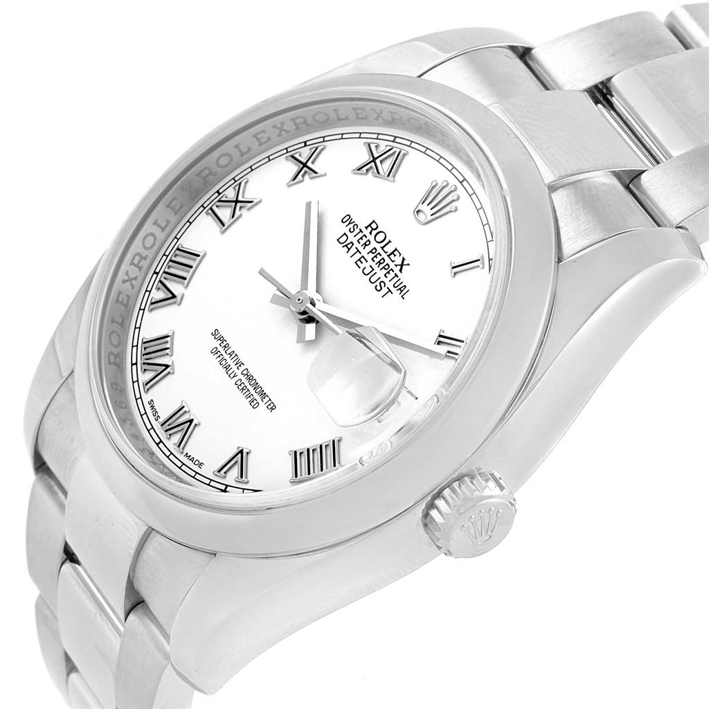 The image shows a side angle of a Rolex Datejust 116200 Men's Stainless Steel White Dial 116200 Men's Stainless Steel White Dial watch, highlighting the dial, crown, and part of the bracelet.