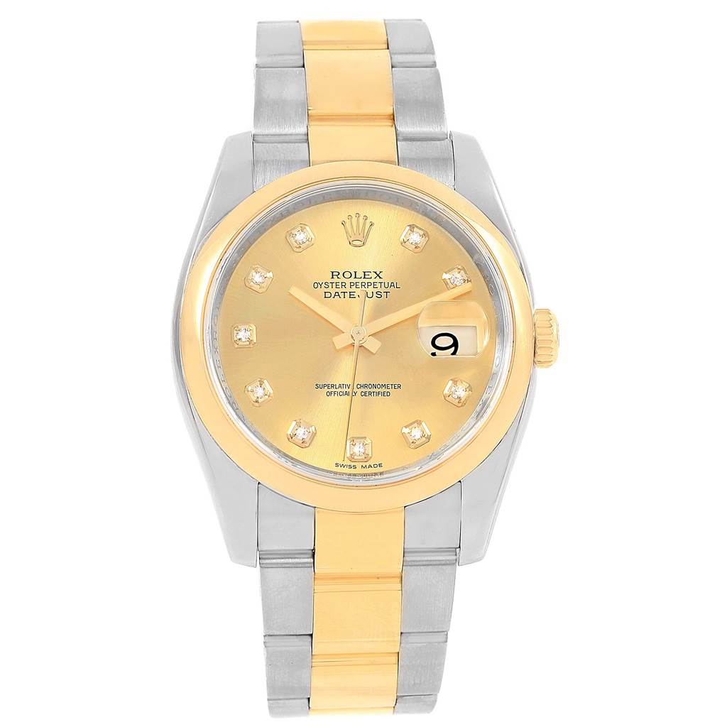 The image shows a Rolex Datejust 116203 Stainless Steel Champagne Dial 116203 Stainless Steel Champagne Dial watch from a front angle, featuring a gold dial, diamond hour markers, and a silver and gold bracelet.