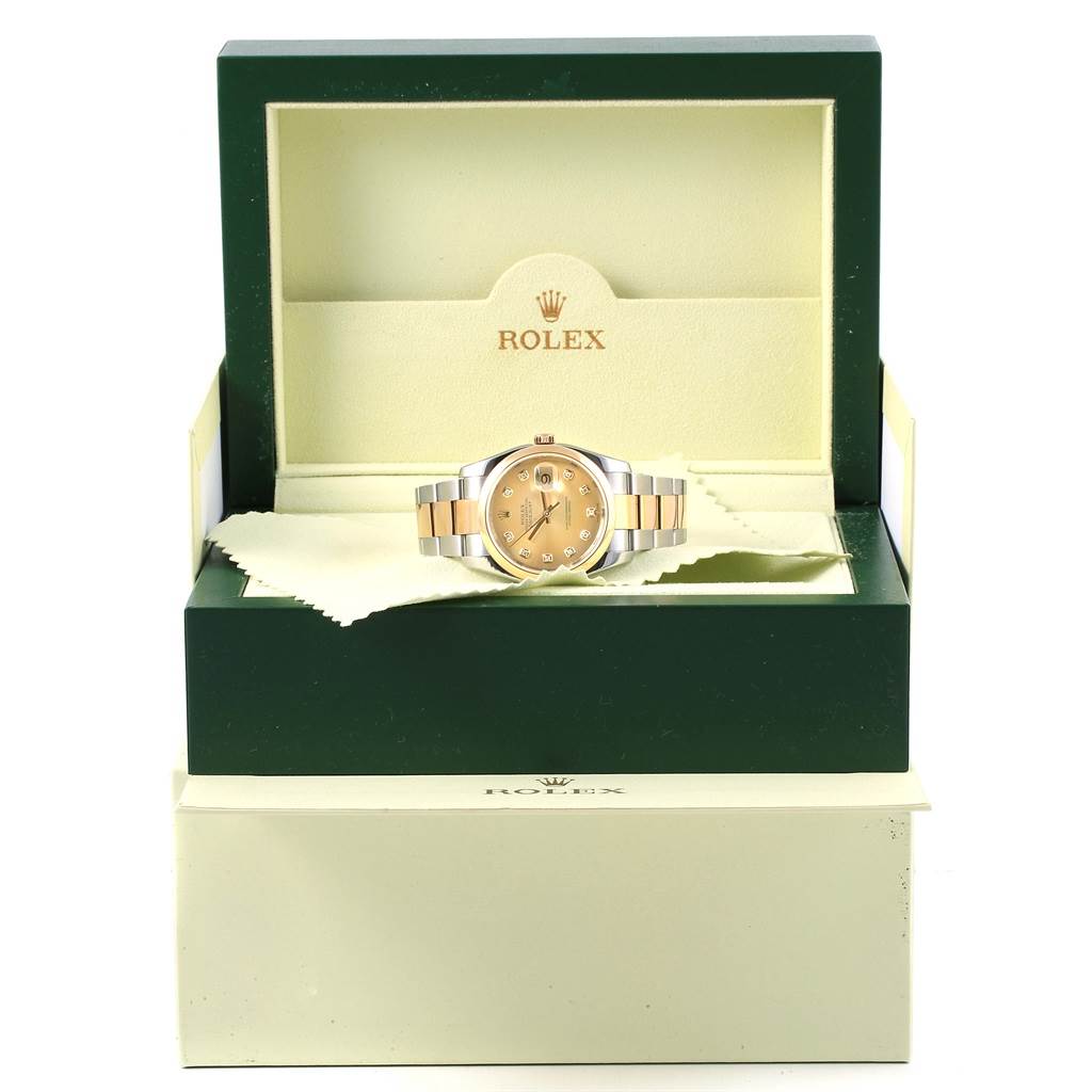 The Rolex Datejust 116203 Stainless Steel Champagne Dial 116203 Stainless Steel Champagne Dial watch is shown from the front, inside its open box with branding visible.