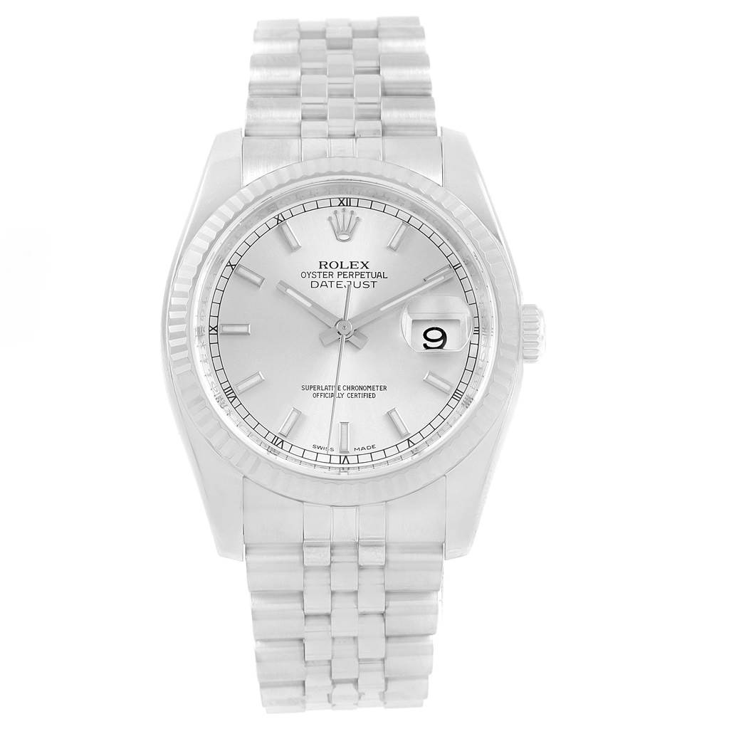 The image shows a frontal view of a Rolex Datejust 116234 Men's Stainless Steel Silver Dial 116234 Men's Stainless Steel Silver Dial watch displaying its face, bracelet, bezel, and crown.
