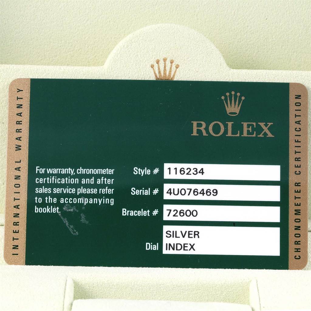 The image shows a warranty card for a Rolex Datejust 116234 Men's Stainless Steel Silver Dial 116234 Men's Stainless Steel Silver Dial model with style #116234, serial #4U076469, and bracelet #72600.