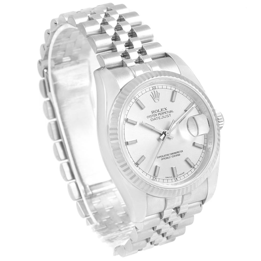 The photo shows a Rolex Datejust 116234 Men's Stainless Steel Silver Dial 116234 Men's Stainless Steel Silver Dial watch at a 3/4 angle, revealing its face, bezel, crown, and bracelet.