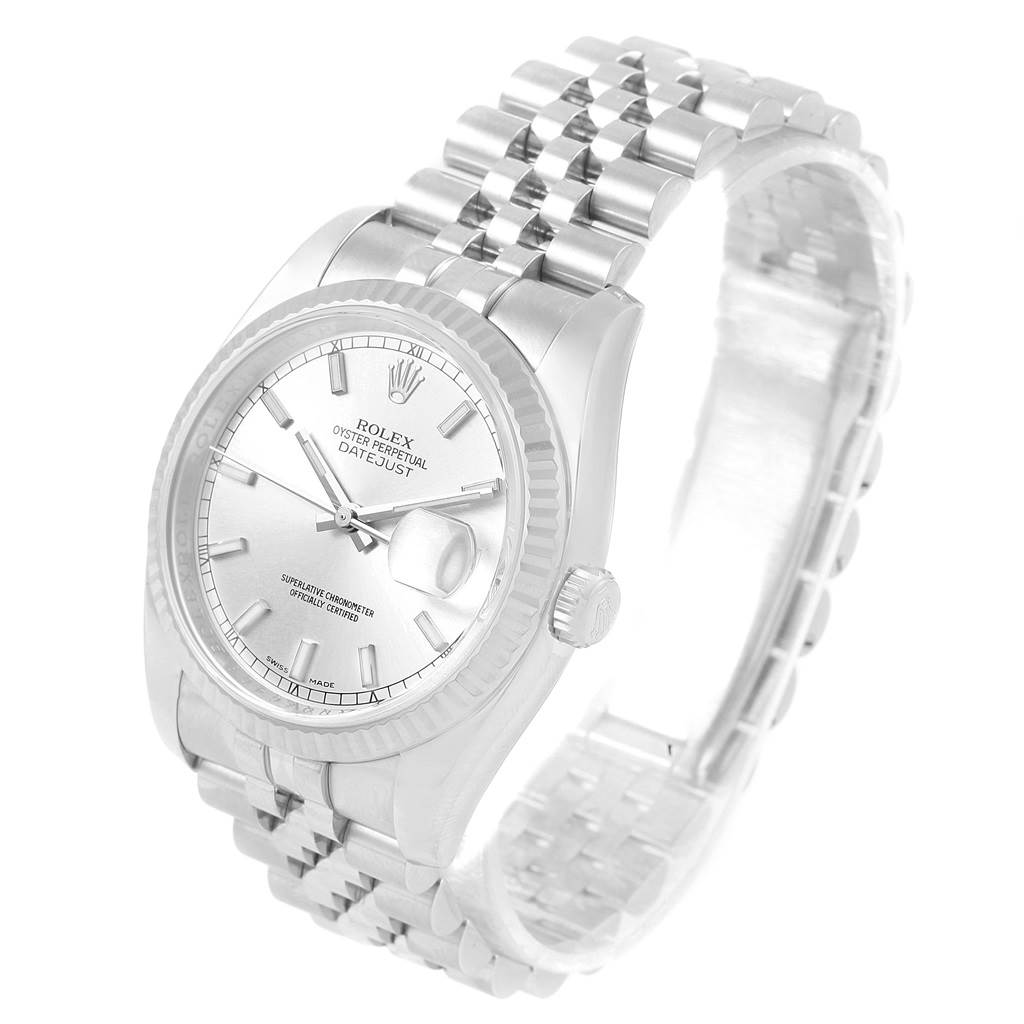 The image shows a Rolex Datejust 116234 Men's Stainless Steel Silver Dial 116234 Men's Stainless Steel Silver Dial watch from a front angled view, highlighting the dial, bracelet, and bezel.