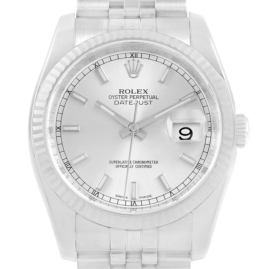 This image shows a front view of the Rolex Datejust 116234 Men's Stainless Steel Silver Dial 116234 Men's Stainless Steel Silver Dial watch, displaying its face, bezel, and part of the bracelet.