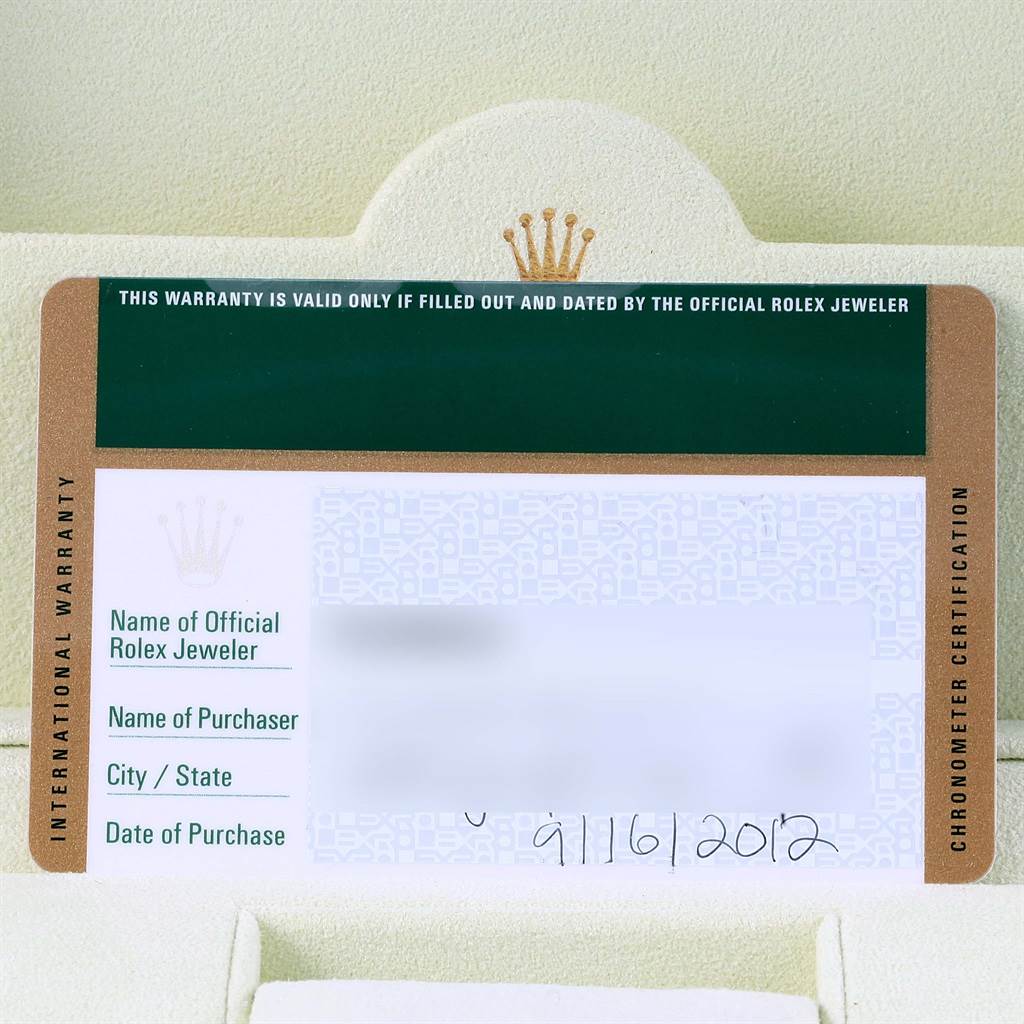 This image shows the warranty card for a Rolex Datejust 116234 Men's Stainless Steel Silver Dial 116234 Men's Stainless Steel Silver Dial watch, highlighting purchase information and certification details.