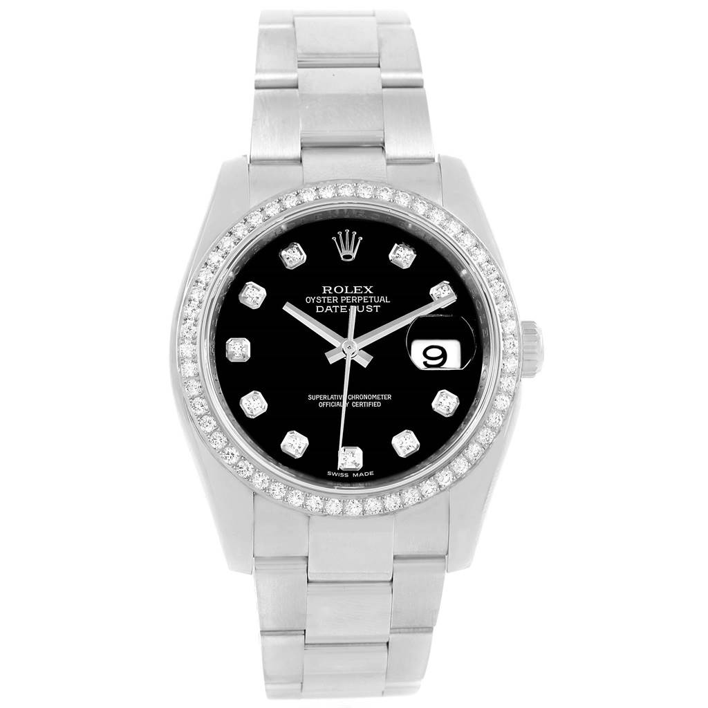 This image shows a frontal view of a Rolex Datejust 116244 Stainless Steel Black Dial 116244 Stainless Steel Black Dial watch, highlighting its bezel, dial, bracelet, and date display.