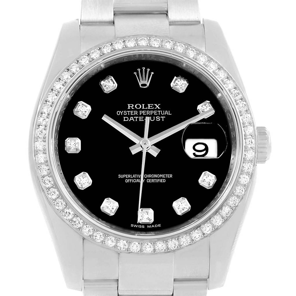 This is a front view of the Rolex Datejust 116244 Stainless Steel Black Dial 116244 Stainless Steel Black Dial watch, showing the face, bezel, and part of the bracelet.