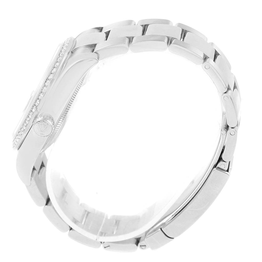 The image shows a side view of a Rolex Datejust 116244 Stainless Steel Black Dial 116244 Stainless Steel Black Dial model watch, highlighting the crown, case, and bracelet.