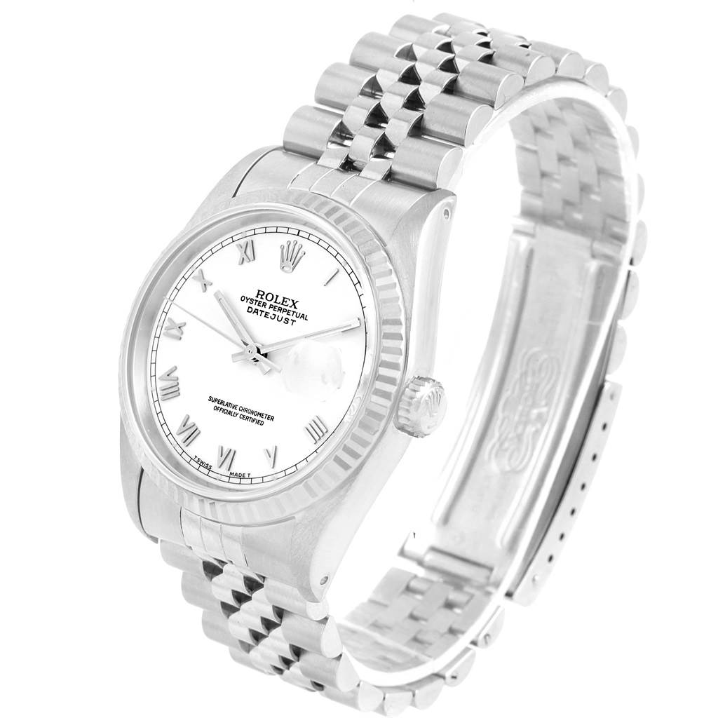 This image shows a Rolex Datejust 16234 Men's Stainless Steel White Dial 16234 Men's Stainless Steel White Dial watch at an angle revealing the dial, bezel, crown, and bracelet.
