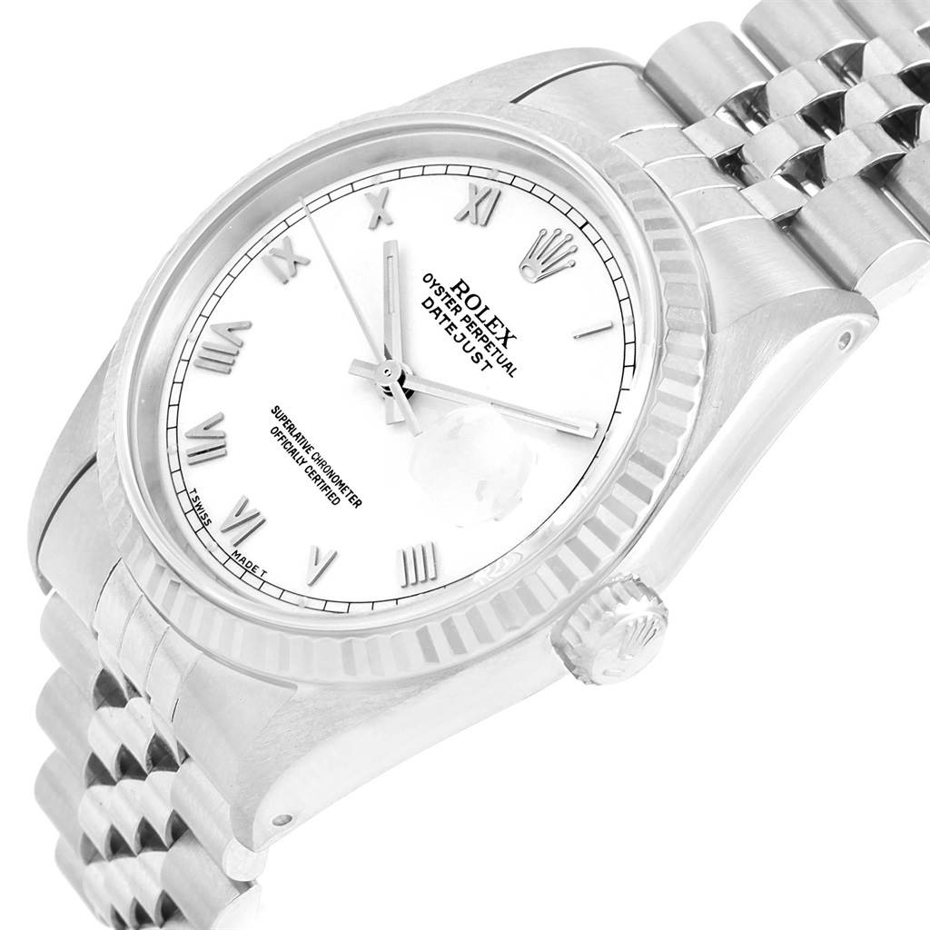 The Rolex Datejust 16234 Men's Stainless Steel White Dial 16234 Men's Stainless Steel White Dial watch is shown at an angled view, displaying the dial, crown, and part of the bracelet.