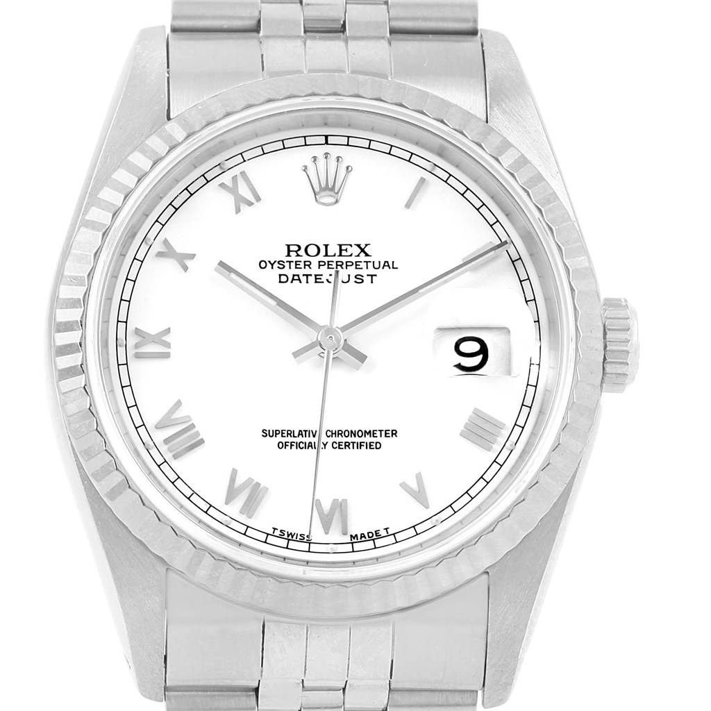 This image shows a front view of a Rolex Datejust 16234 Men's Stainless Steel White Dial 16234 Men's Stainless Steel White Dial watch, displaying the face, bezel, crown, and part of the bracelet.