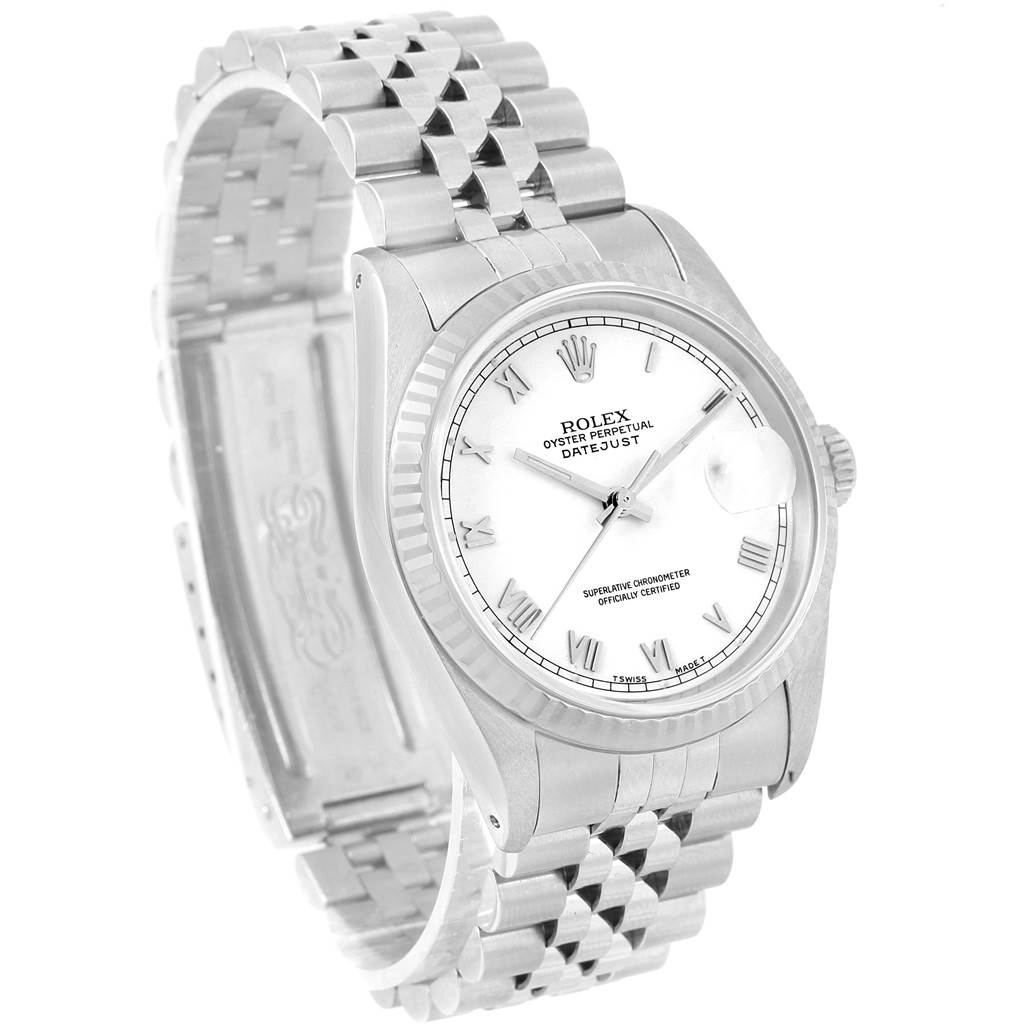 The image shows a Rolex Datejust 16234 Men's Stainless Steel White Dial 16234 Men's Stainless Steel White Dial watch from a slight left front angle, highlighting its dial, bezel, and bracelet.