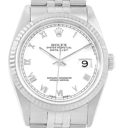 Photo of Rolex Datejust Steel White Gold White Roman Dial Mens Watch 16234