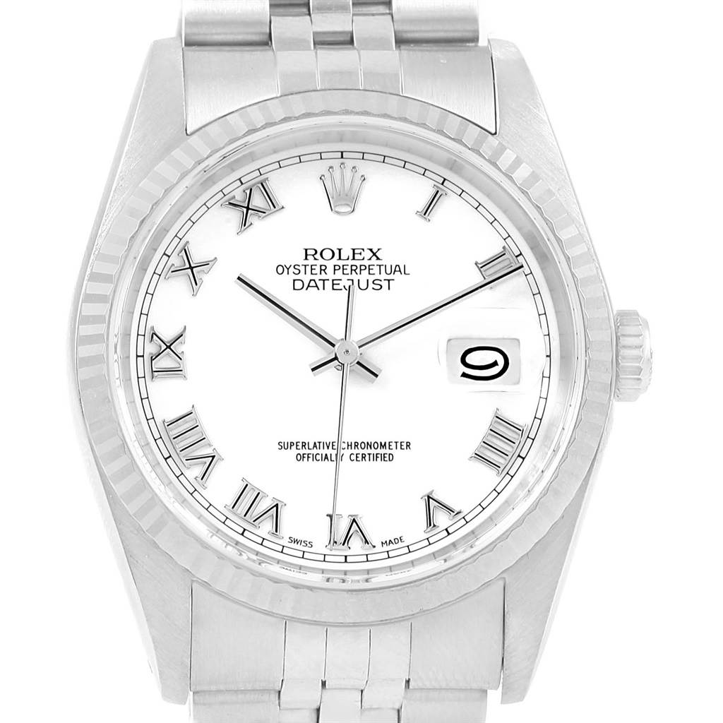 This image shows a Rolex Datejust 16234 Stainless Steel White Dial 16234 Stainless Steel White Dial watch from a front angle, highlighting the dial, bezel, and parts of the bracelet.