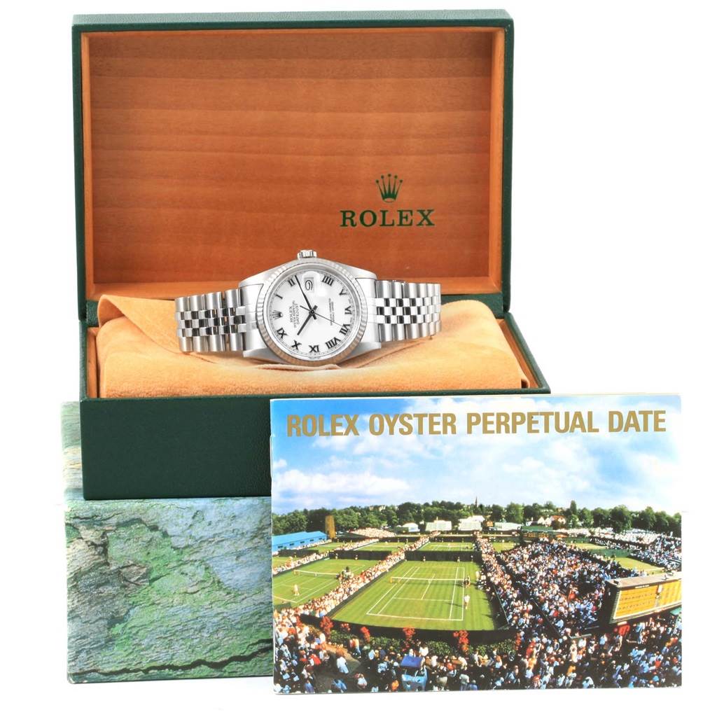 The Rolex Datejust 16234 Stainless Steel White Dial 16234 Stainless Steel White Dial watch is shown front-facing inside an open box with a promotional booklet in front.
