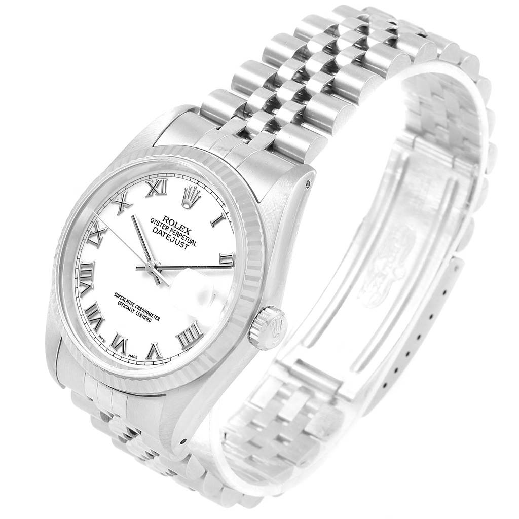 The image shows a Rolex Datejust 16234 Stainless Steel White Dial 16234 Stainless Steel White Dial watch at an angled side view, highlighting the dial, bezel, crown, and bracelet.