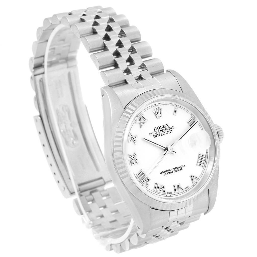 The image shows a Rolex Datejust 16234 Stainless Steel White Dial 16234 Stainless Steel White Dial watch at a slight left-angle, highlighting the face, bezel, and bracelet.