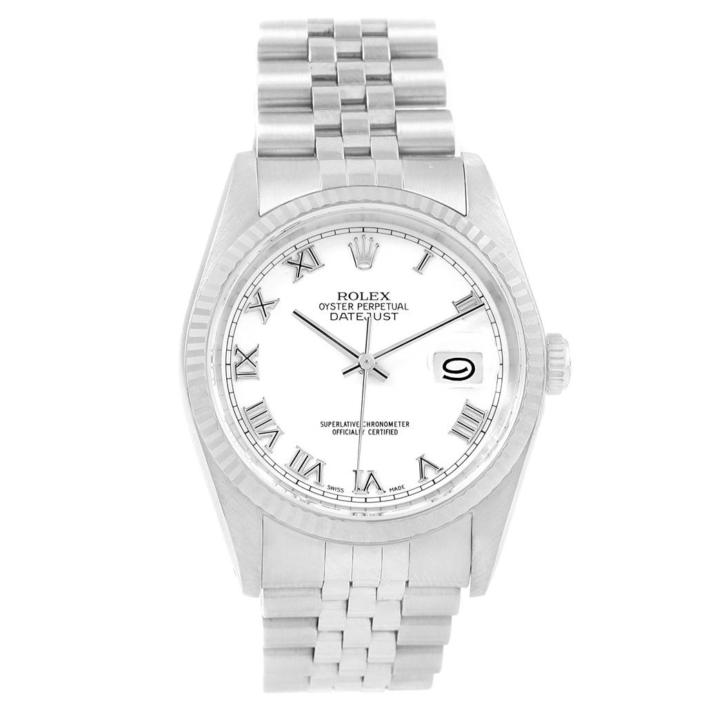 This Rolex Datejust 16234 Stainless Steel White Dial 16234 Stainless Steel White Dial watch is shown from the front, displaying its white dial, Roman numerals, date, and jubilee bracelet.