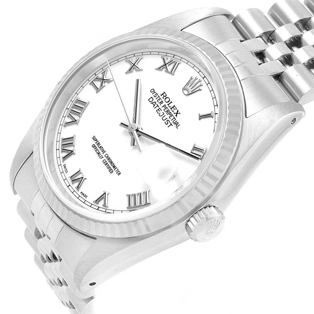 The image shows a close-up, angled view of the face and bracelet of a Rolex Datejust 16234 Stainless Steel White Dial 16234 Stainless Steel White Dial watch, highlighting its Roman numeral markers and crown.