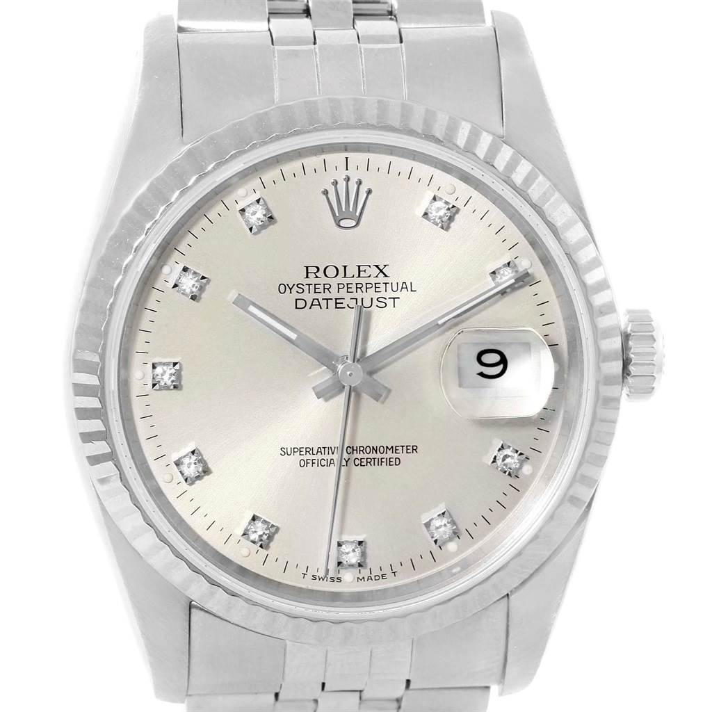 The image shows a frontal view of a Rolex Datejust 16234 Stainless Steel Silver Dial 16234 Stainless Steel Silver Dial watch displaying the dial, hour markers, hands, and date window.
