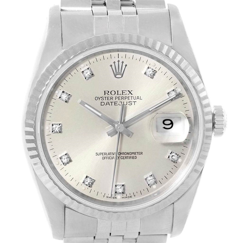 Rolex Datejust Steel White Gold Silver Diamond Dial Mens Watch 16234 SwissWatchExpo