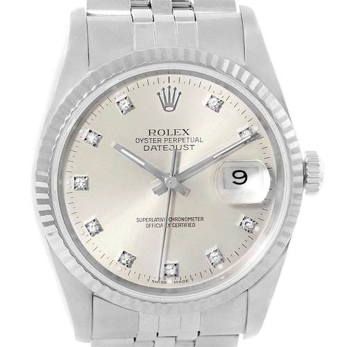 This image shows a front view of the Rolex Datejust watch, displaying the face with hour markers, hands, date window, and crown.