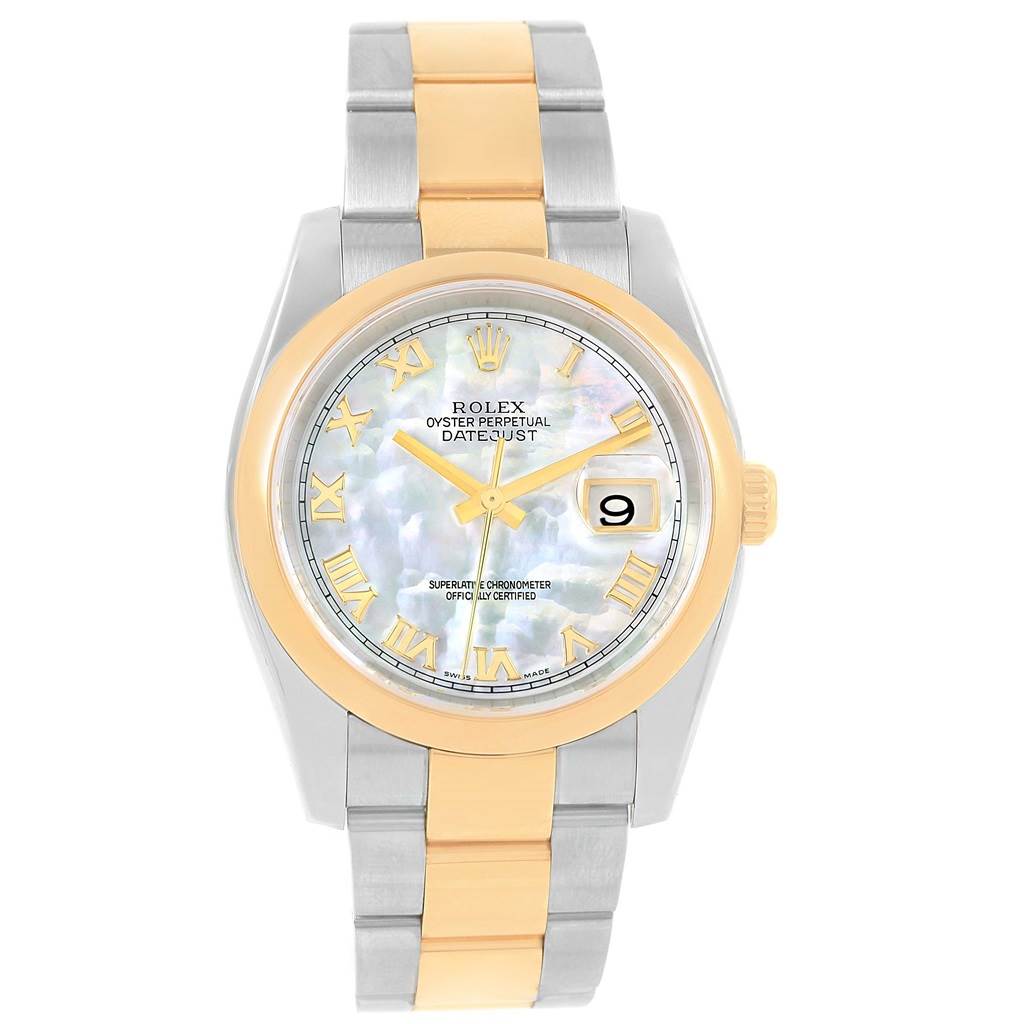 This image shows the front view of a Rolex Datejust 116203 Stainless Steel Mother of Pearl Dial 116203 Stainless Steel Mother of Pearl Dial watch, displaying its dial, bezel, bracelet, and crown prominently.