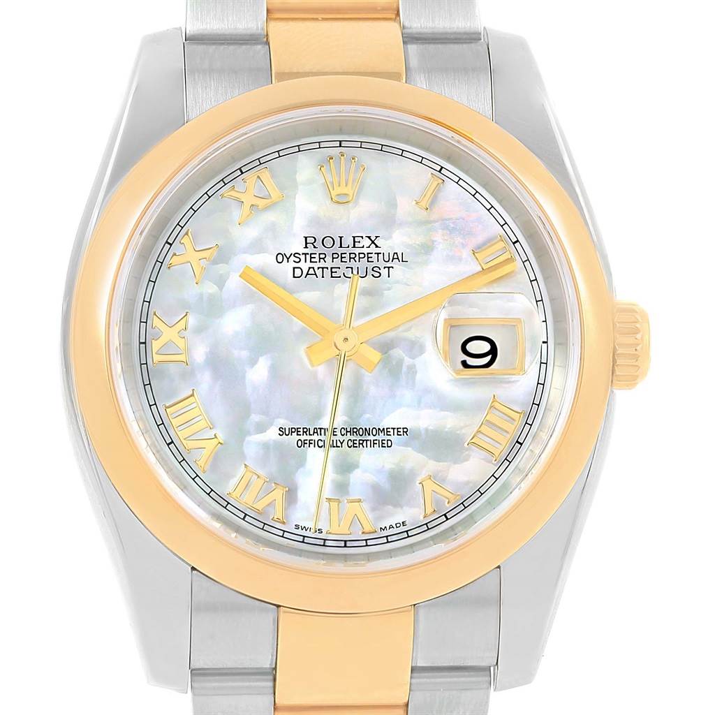 The image shows a front view of a Rolex Datejust 116203 Stainless Steel Mother of Pearl Dial 116203 Stainless Steel Mother of Pearl Dial watch, featuring a mother-of-pearl dial, Roman numerals, and gold accents.