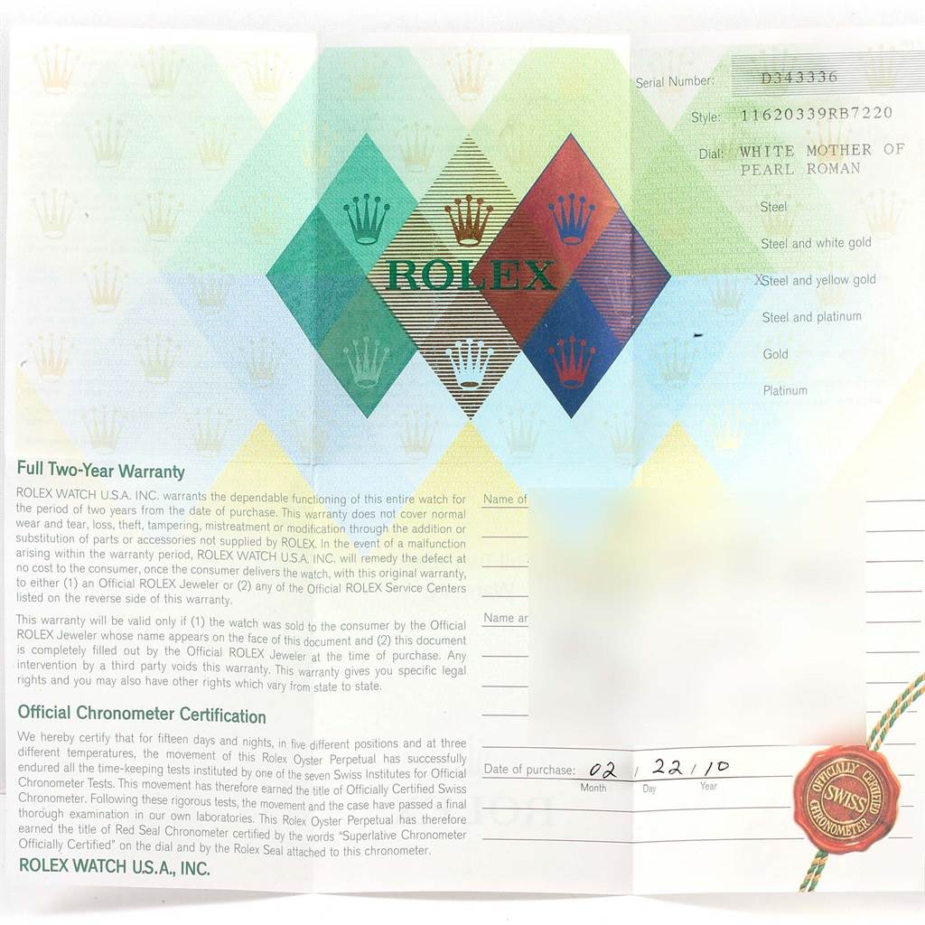 This image shows the warranty and certification documents for a Rolex Datejust 116203 Stainless Steel Mother of Pearl Dial 116203 Stainless Steel Mother of Pearl Dial watch.