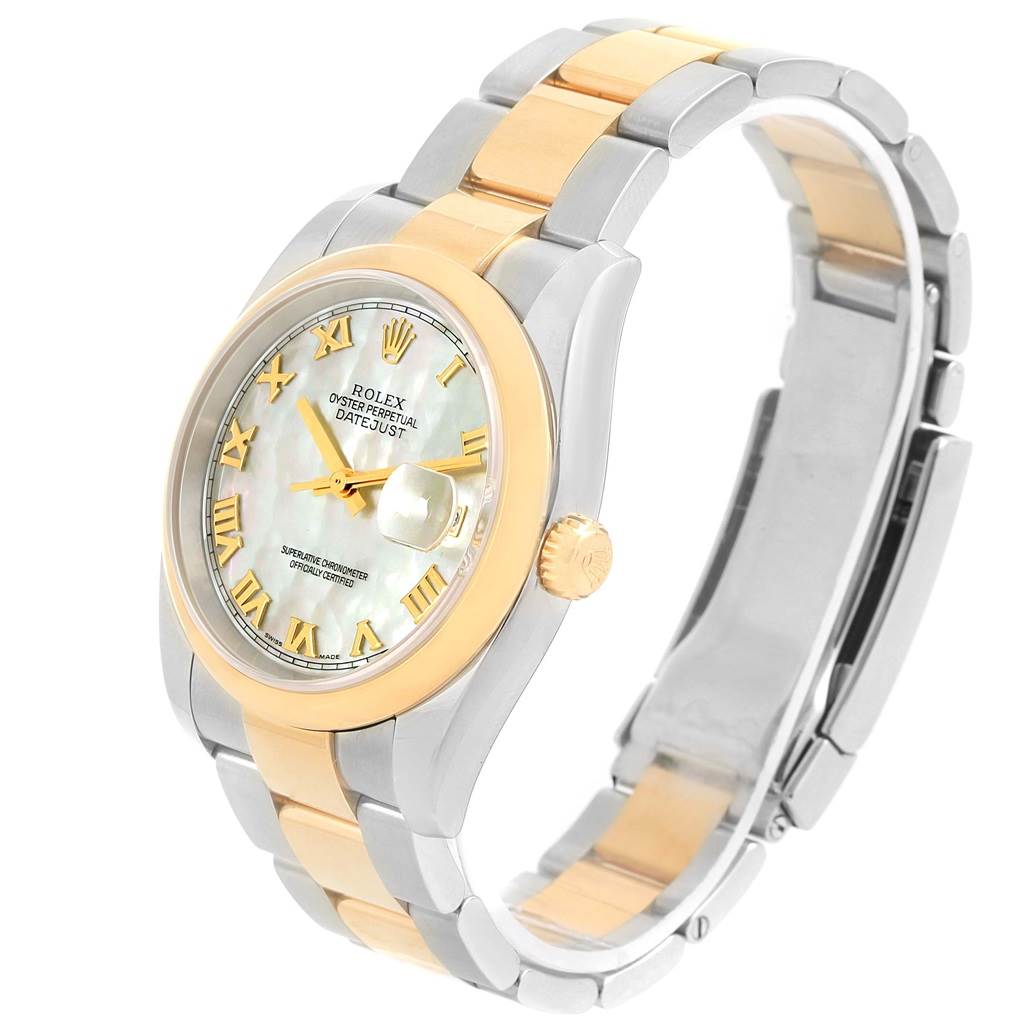 This Rolex Datejust 116203 Stainless Steel Mother of Pearl Dial 116203 Stainless Steel Mother of Pearl Dial watch is shown at a side angle, highlighting the two-tone bracelet, dial, crown, and clasp.