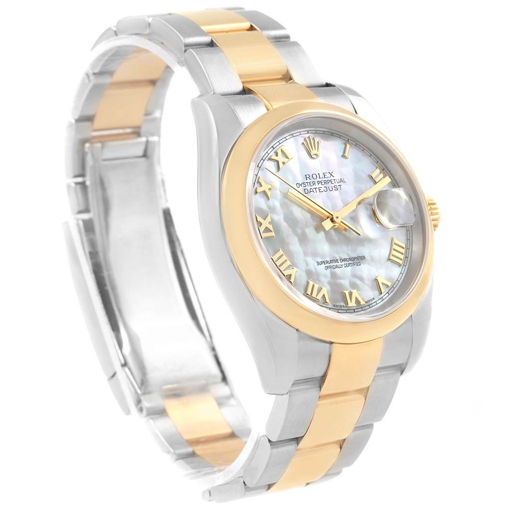 The Rolex Datejust 116203 Stainless Steel Mother of Pearl Dial 116203 Stainless Steel Mother of Pearl Dial watch is shown at a slight angle, highlighting its dial, bezel, and bracelet.