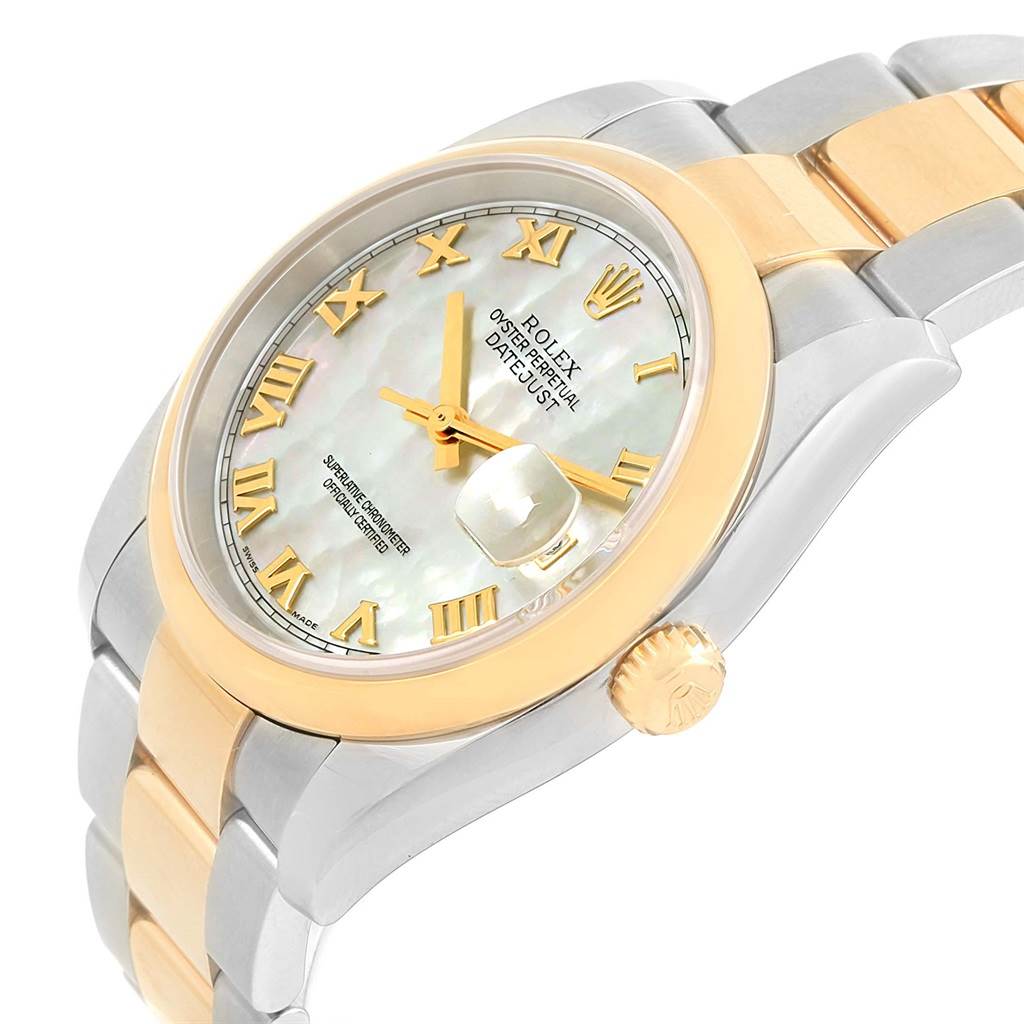 The image shows a side angle view of the Rolex Datejust 116203 Stainless Steel Mother of Pearl Dial 116203 Stainless Steel Mother of Pearl Dial watch, displaying the dial, bezel, crown, and part of the bracelet.