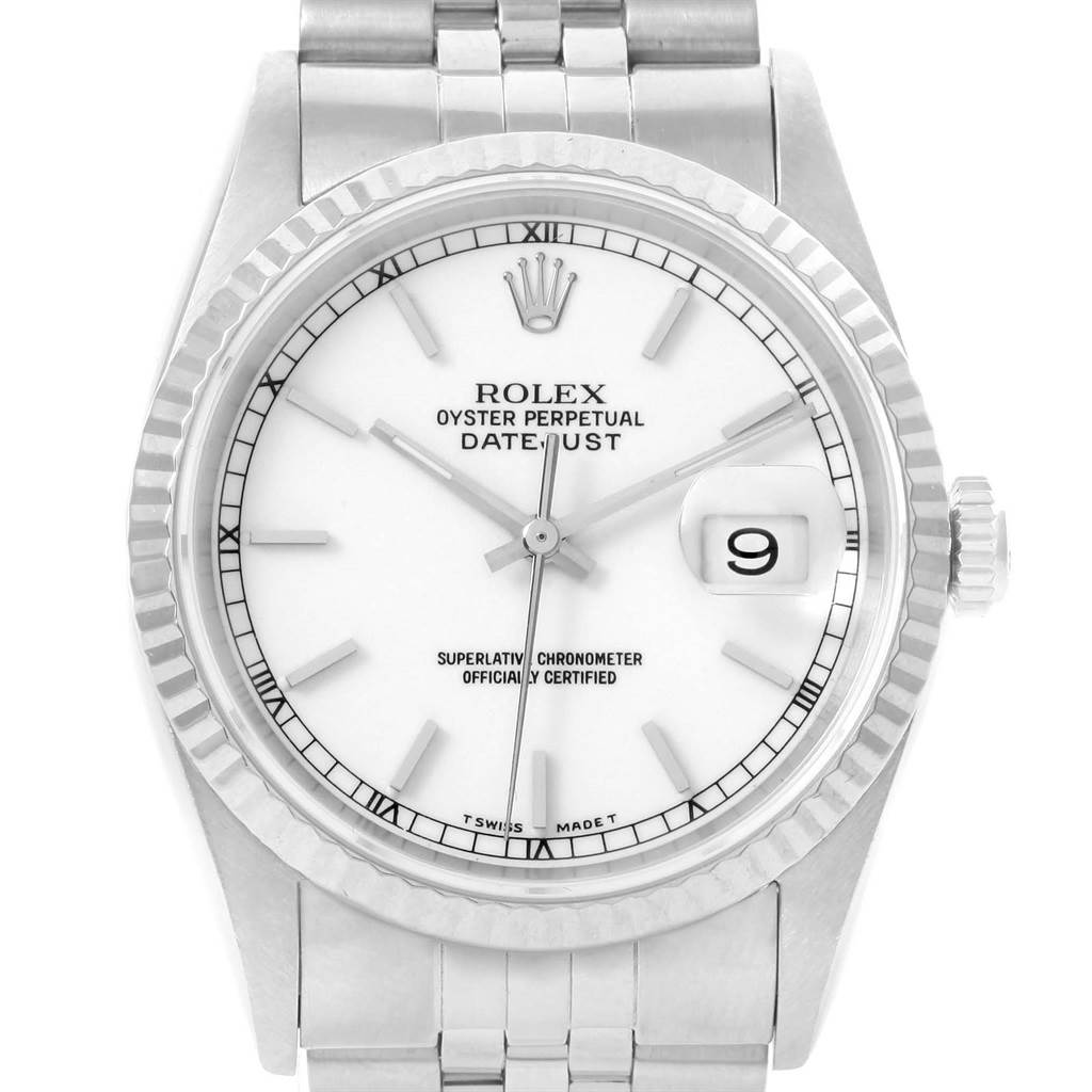 The image shows a front view of a Rolex Datejust 16234 Men's Stainless Steel White Dial 16234 Men's Stainless Steel White Dial watch, highlighting its white dial, date window, and stainless steel bracelet.