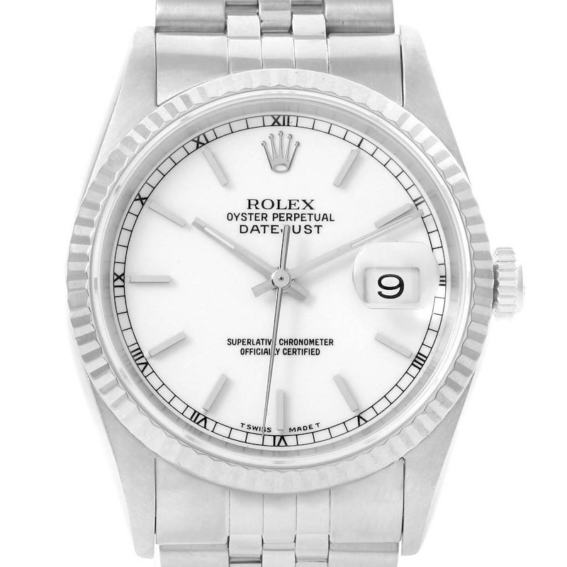 Rolex Datejust Steel White Gold White Baton Dial Mens Watch 16234 SwissWatchExpo