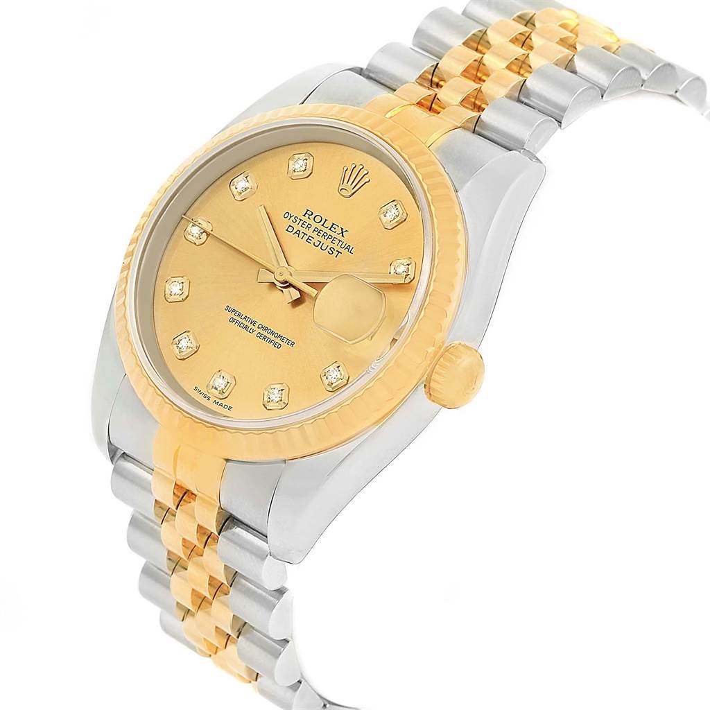 The image shows a Rolex Datejust 116233 Stainless Steel Champagne Dial 116233 Stainless Steel Champagne Dial watch angled from the front-left, highlighting the gold dial, bezel, and two-tone bracelet.