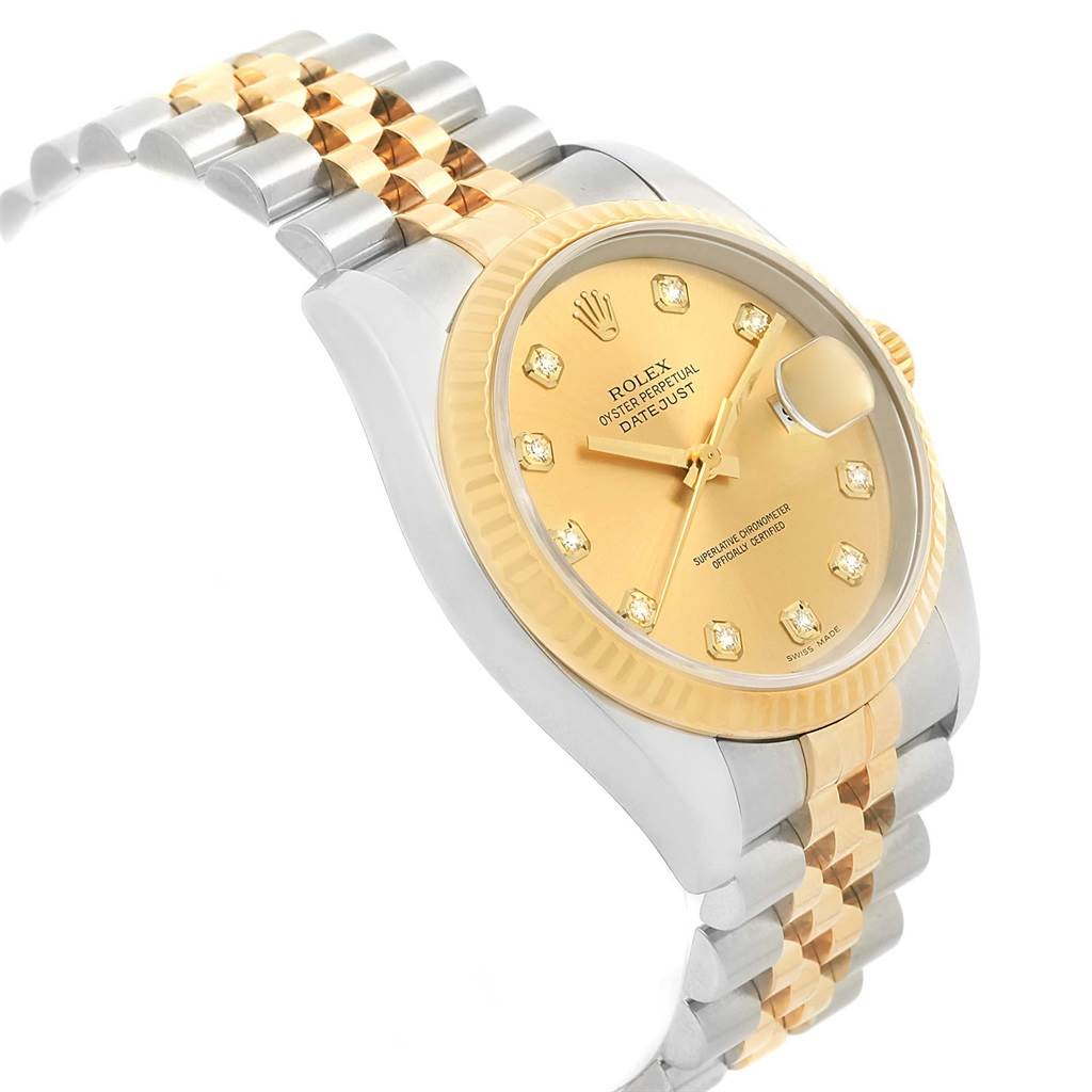This image showcases a Rolex Datejust 116233 Stainless Steel Champagne Dial 116233 Stainless Steel Champagne Dial watch angled slightly to the side, highlighting its two-tone bracelet, gold dial, and fluted bezel.