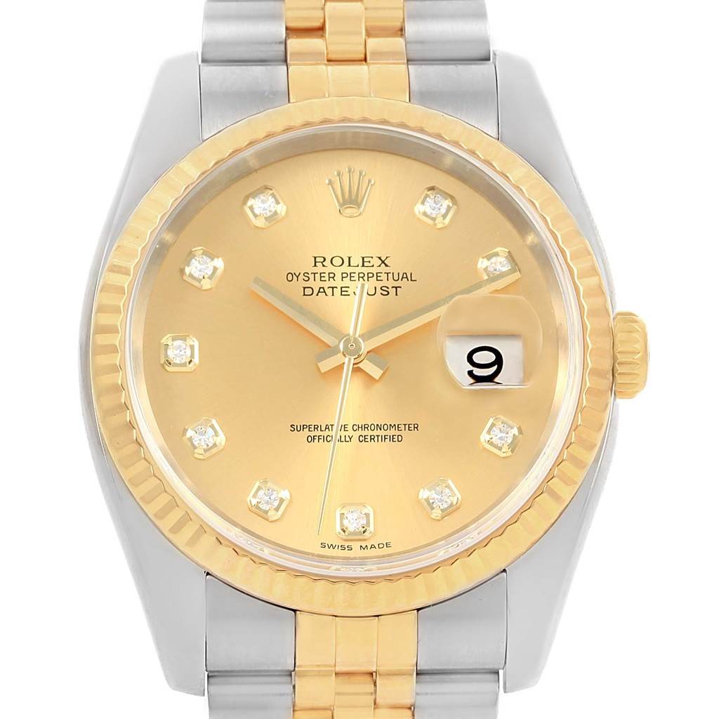 This is a front view of a Rolex Datejust 116233 Stainless Steel Champagne Dial 116233 Stainless Steel Champagne Dial watch, showing the dial, bezel, crown, and part of the bracelet.